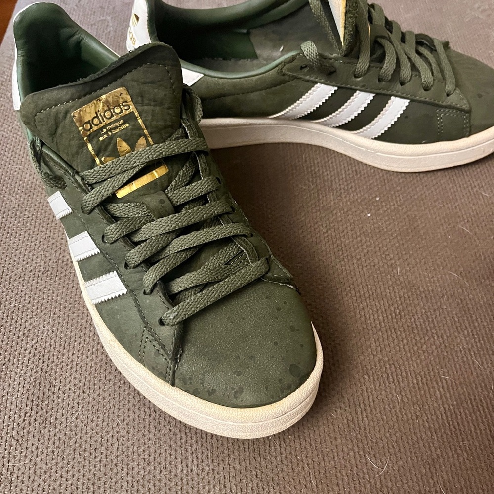 Adidas Men's Olive Green Sneakers with White Stripes
